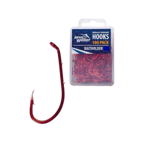 100 x Jarvis Walker Size 4/0 Baitholder Hooks - Red Chemically Sharpened Hooks