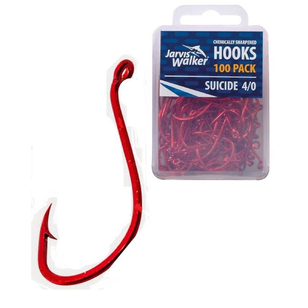 100 x Jarvis Walker Size 4/0 Suicide Octopus Hooks - Red Chemically Sharpened
