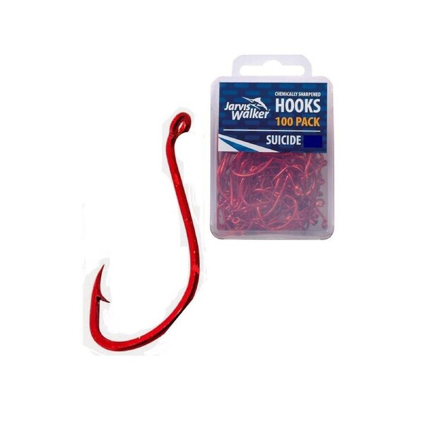 100 x Jarvis Walker Size 2/0 Suicide Octopus Hooks-Red Chemically Sharpened