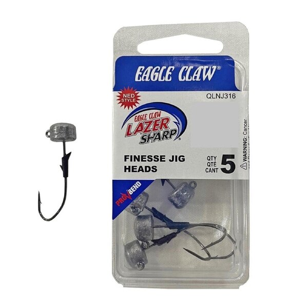 5 Pack of Unpainted 3/16oz Eagle Claw Lazer Sharp Size 2/0 Finesse Jig Heads