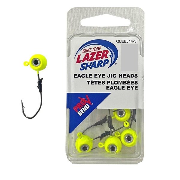 5 Pack of Chartreuse 1/8oz Eagle Claw Lazer Sharp Eagle Eye Size 2/0 Jig Heads