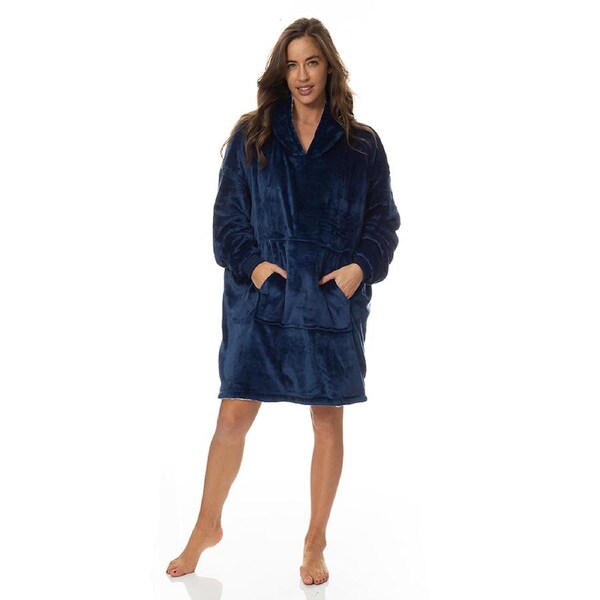 Royal Comfort Snug Hoodie Nightwear Super Soft Reversible Fleece 750GSM Navy
