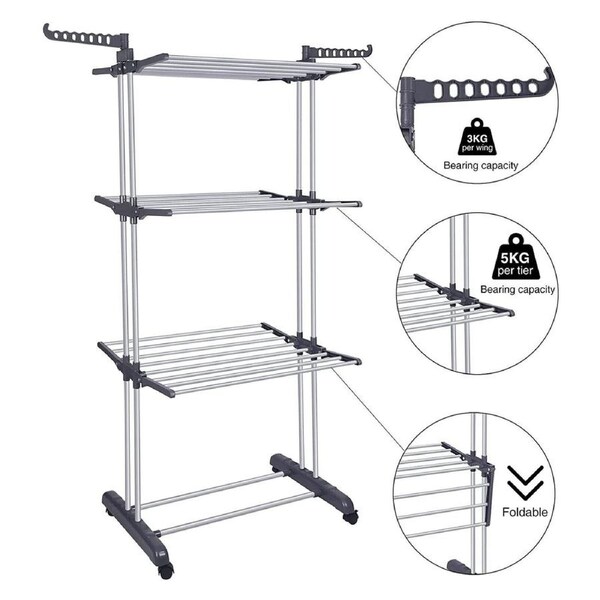 Airer Drying Rack Foldable Clothes Hanger Horse Stand Support Grey Laundry Rack
