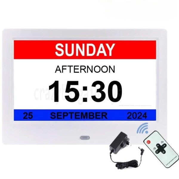 8" White LED Large Wall Calendar Dementia Day Clock Time Date Week Month Year