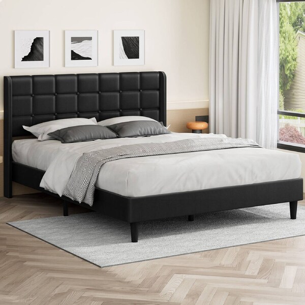 ALFORDSON Bed Frame Double Size Upholstered Wingback Base Black Leather SARAH