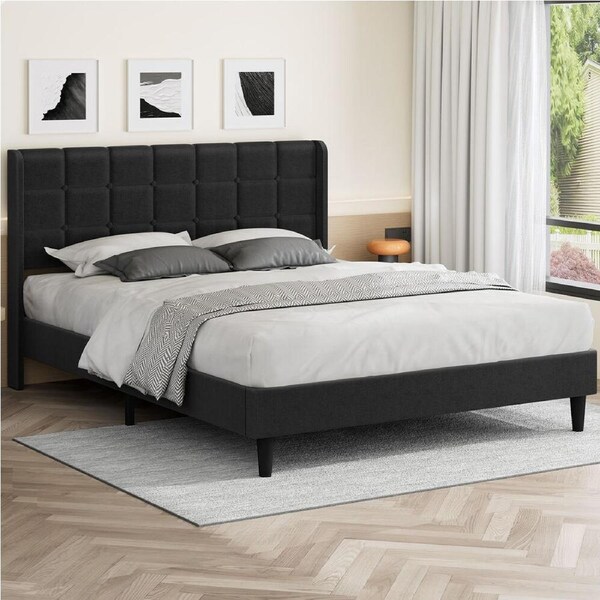 ALFORDSON Bed Frame King Size Upholstered Wingback Base Charcoal Fabric SARAH