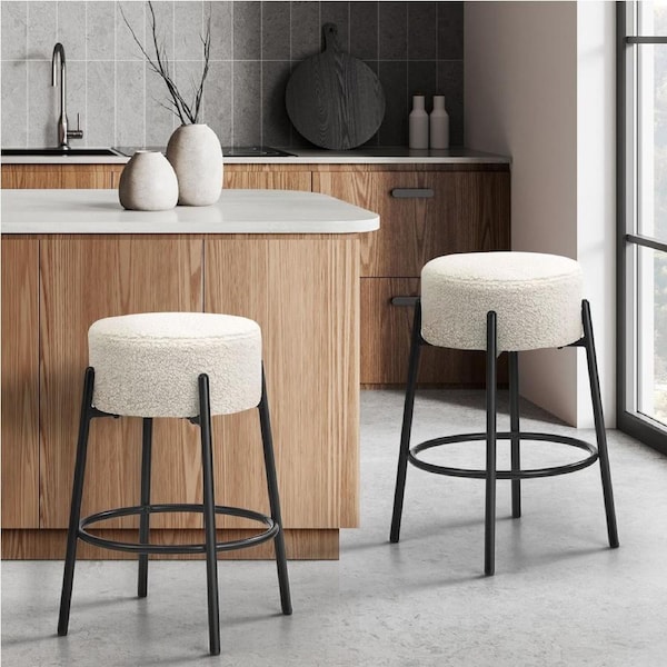 Oikiture 2x Bar Stools Kitchen Dining Chair Round Stool Boucle Fabric White