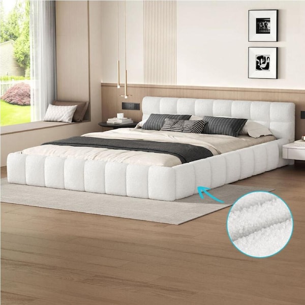 ALFORDSON Bed Frame Queen Size Tufted Headboard Foundation White Boucle TALMON
