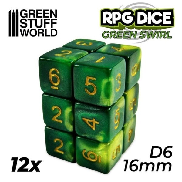 GSW - D6 16mm Dice - Green Swirl (12pc Pack)