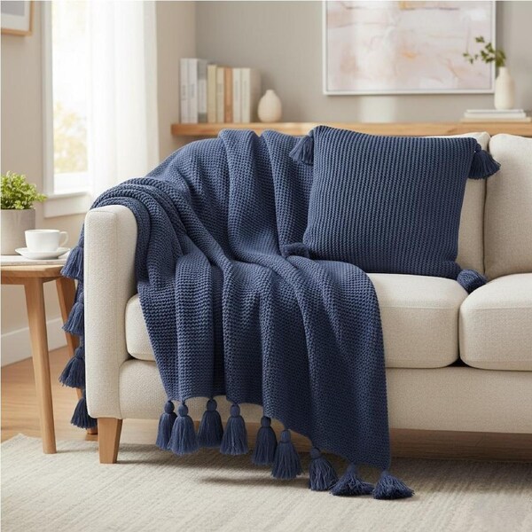 DreamZ Knitting Throw Blanket Cushion Set, Cushion 45x45cm, Blanket 130x170cm Ivory/Navy Navy