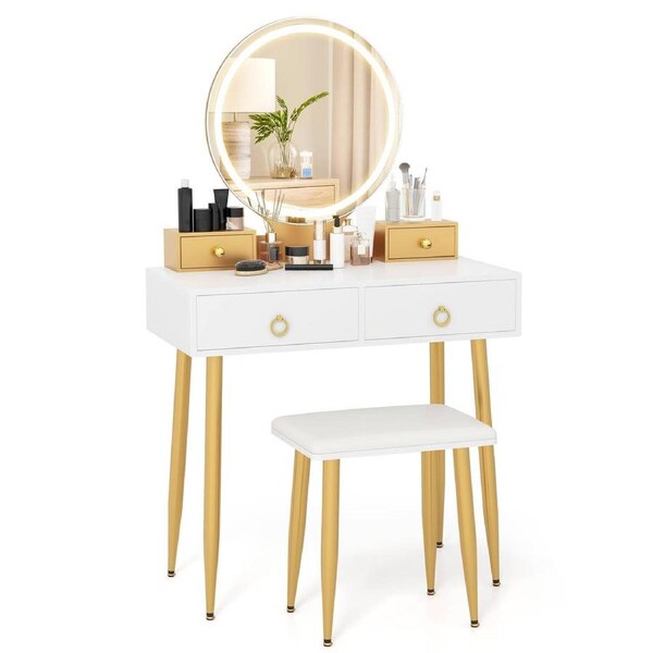 Giantex Modern Dressing Table & Stool Set Makeup Desk Vanity Set w/Lighted Mirror White