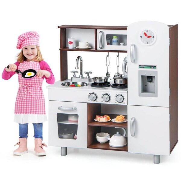 Costway Kitchen Playset Pretend Play Toys Wooden Cooking Accessories w/Realistic Sound & Lights