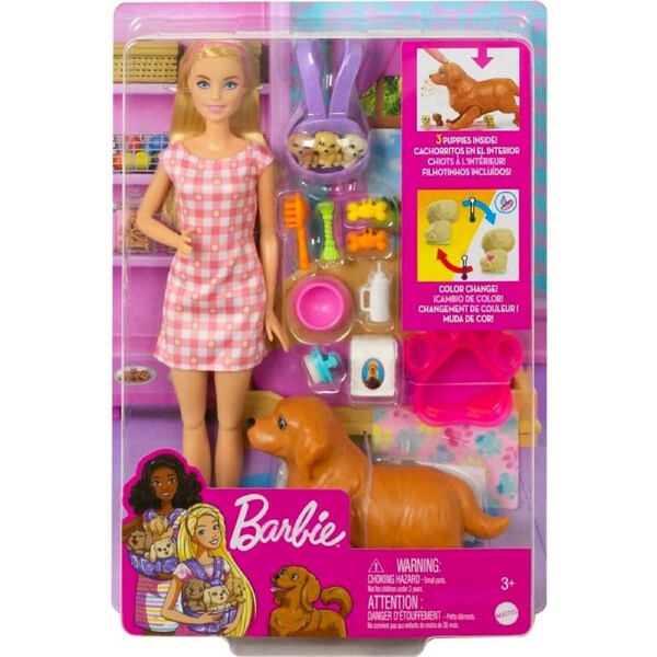 Barbie - Newborn Pups Playset With Blonde Doll Mommy Dog And 3 Puppies