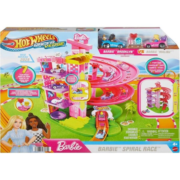 Hot Wheels - Racerverse Barbie Spiral Race Track Set With Barbie “malibu” & Barbie “brooklyn” Toy Cars