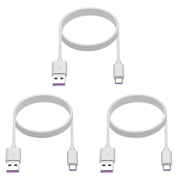 3 Pack 2m Long Data Transfer Charger Charging USB Type C Phone Tablet Cable Cord Bulk White TPE Plastic