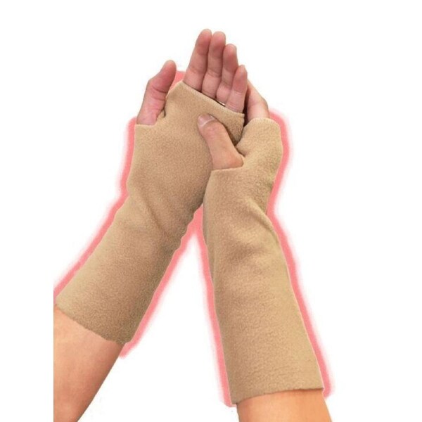 Knitted Long Hand/Arm Fleece Fingerless Gloves Warmers Musicians Typing - Camel