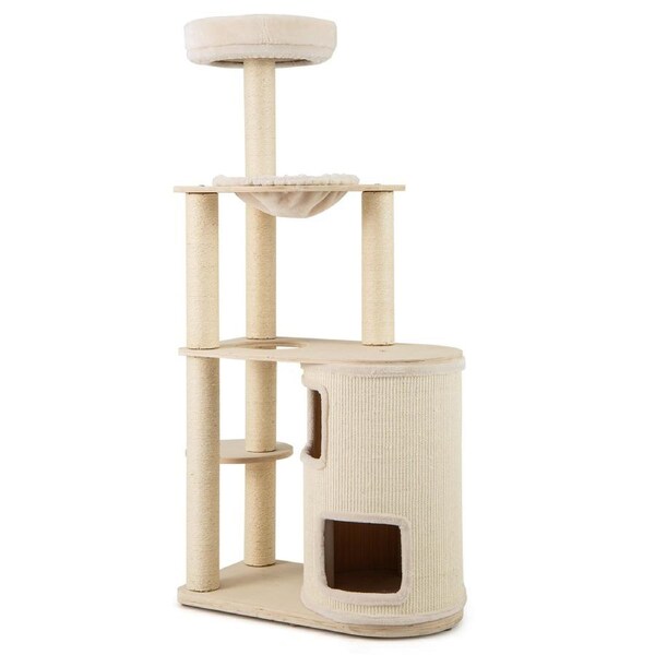 Costway 151cm Tall Cat Tree Wooden Cat Tower Cando House w/Sisal Scratching Posts & Perch Pet Furniture