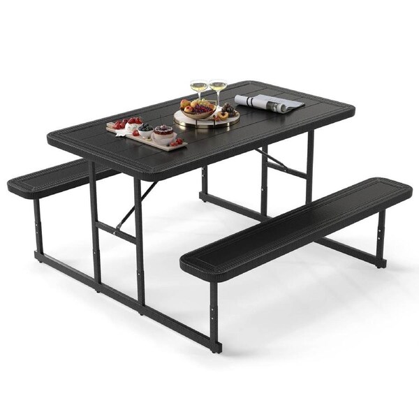 Costway 2-4 People Picnic Table Bench Set w/Umbrella Hole & Metal Frame Outdoor Camping Dining Table Chairs Black
