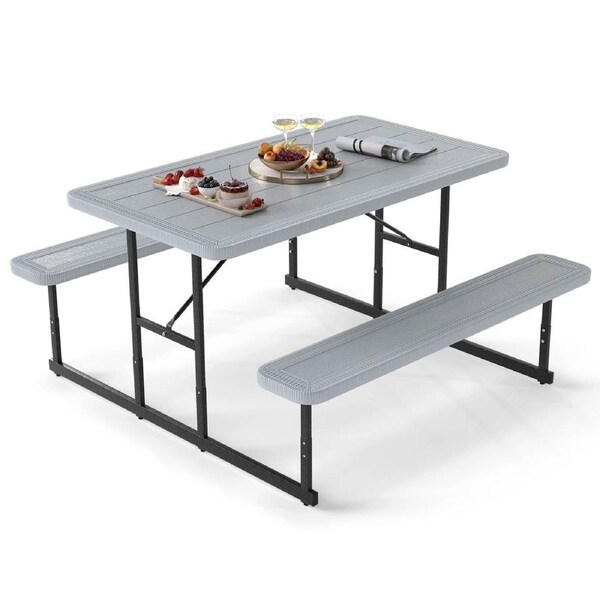 Costway 2-4 People Picnic Table Bench Set w/Umbrella Hole & Metal Frame Outdoor Camping Dining Table Chairs Grey