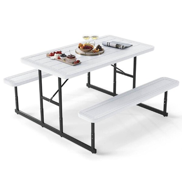 Costway 2-4 People Picnic Table Bench Set w/Umbrella Hole & Metal Frame Outdoor Camping Dining Table Chairs White