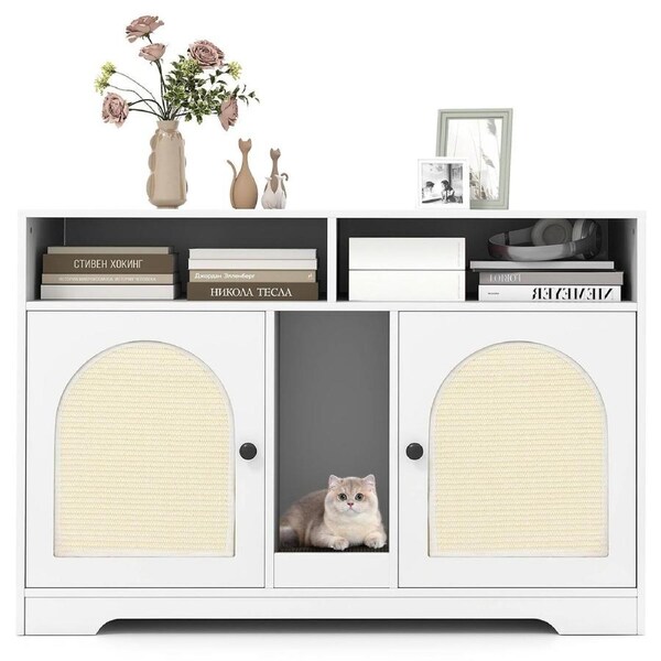 Costway 108cm Cat Litter Box Enclosure for 2 Cats w/Scratching Board & 2 Sisal Mats Pet House