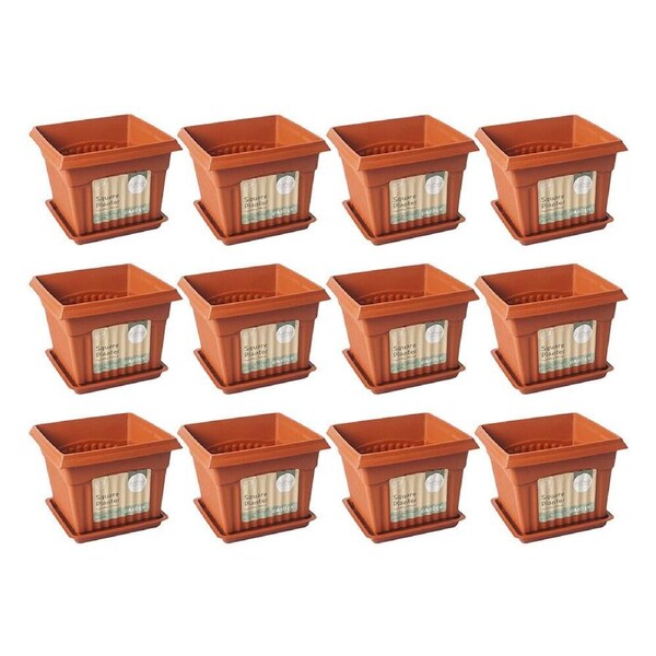 12PK Antheia Green Homewares 20x16cm Square Garden Pot w/ Saucer Assorted Brown
