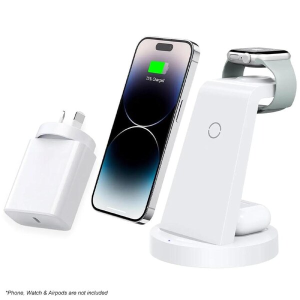 3-in-1 Wireless Charging Station for iPhone 16 15 14 13 12 11 X Pro Max Apple Watch and AirPods CW350 White with 20W USB-C Power Adapter