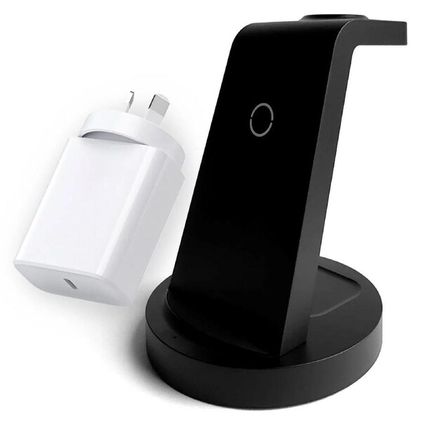 3-in-1 Wireless Charging Station for iPhone 16 15 14 13 12 11 X Pro Max Apple Watch and AirPods CW350 Black with 20W USB-C Power Adapter