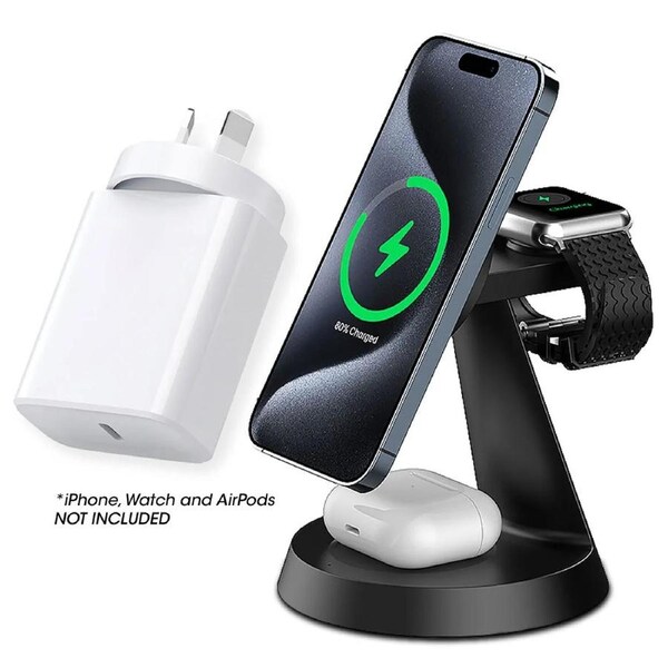 3 in 1 Magnetic Wireless Charging Station for iPhone 16/15/14/13/12 Series Charger for Multiple Apple Devices Apple Watch AirPods F9 Black Power Adapt