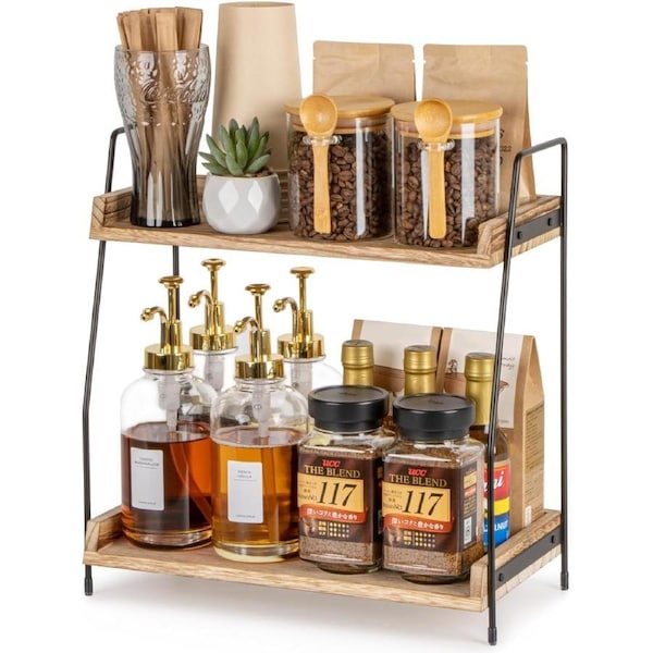 2 Tier Coffee Condiment Storage,Coffee Station Organizer for Countertop, Wooden Kitchen Counter Shelf, Coffee Bar Accessories and Organizer, Coffee Caddy