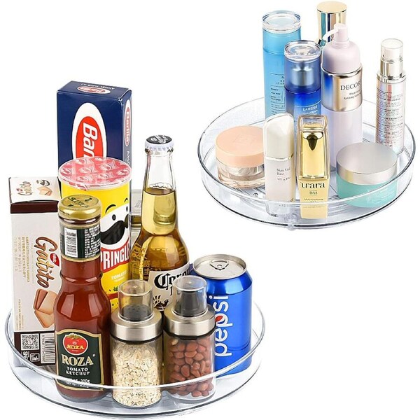 2 Pack Turntable Organiser, Clear Plastic Rotating Round Spice Rack Organizer for Kitchen Cabinet Storage Cosmetic Makeup 23CM+27CM