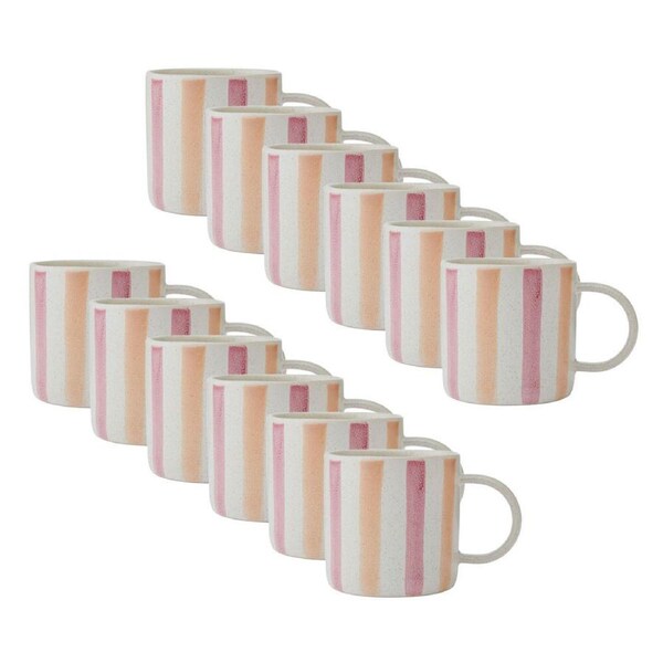 12PK Mikasa Stoneware Coffee Mug Tea/Milk Cup Drinkware 380ml Pink & Red Stripe