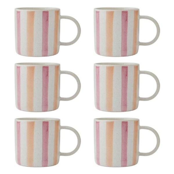 6PK Mikasa Stoneware Coffee Mug Tea/Milk Cup Drinkware 380ml Pink & Red Stripe