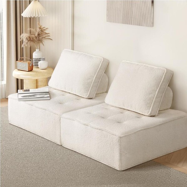 Oikiture 1-4PCS Modular Sofa Lounge Chair Armless TOFU Back Sherpa/Linen/PU 2PCS/White