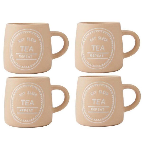 4PK Mikasa 400ml Eat Sleep Tea Repeat Coffee Mug Cup Stoneware Drinkware Orange