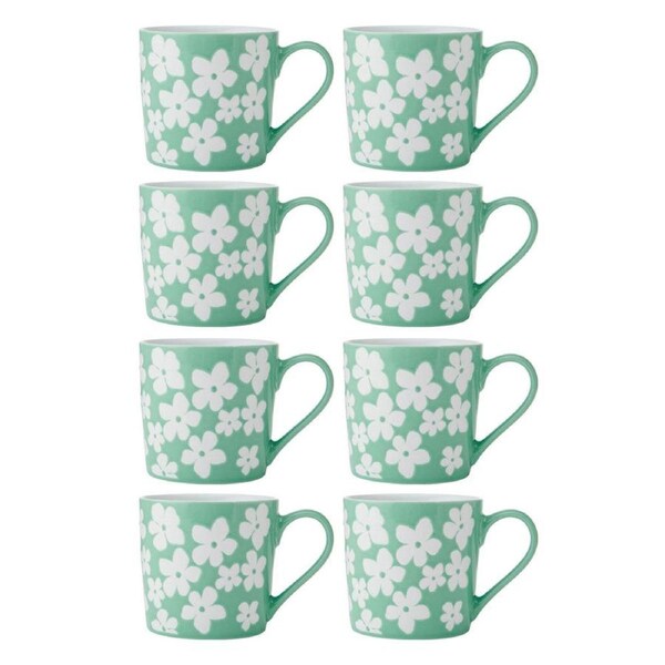 8PK Mikasa 360ml Wax Resist Green Flower Coffee Mug Cup Clay Drinkware Blue