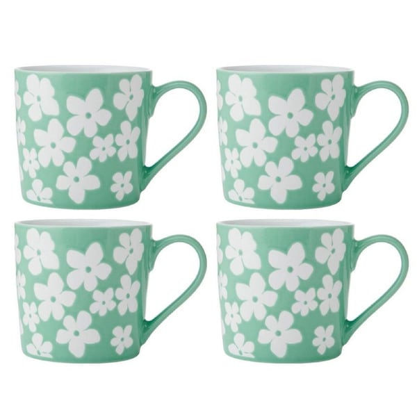 4PK Mikasa 360ml Wax Resist Green Flower Coffee Mug Cup Clay Drinkware
