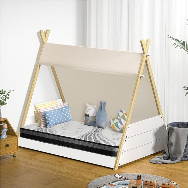 Oikiture Kids Bed Frame and Mattress Timber Single House Teepee Triangle Beds