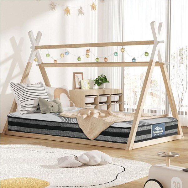 Oikiture King Single Kids Bed Frame Mattress Set Wooden Timber Teepee House Beds