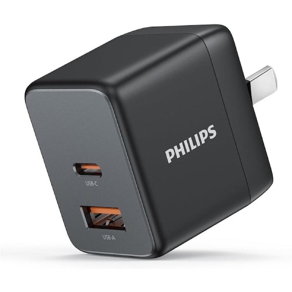 Philips USB A + USB C Wall Charger Adapter Plug 20W Dual Port Fast Charging -Safety - SAA Approved- Australia Standard- Compatible with iPhone 16/15/14/13/Pro/Pro Max- iPad (Black, 20W GaN Charger)