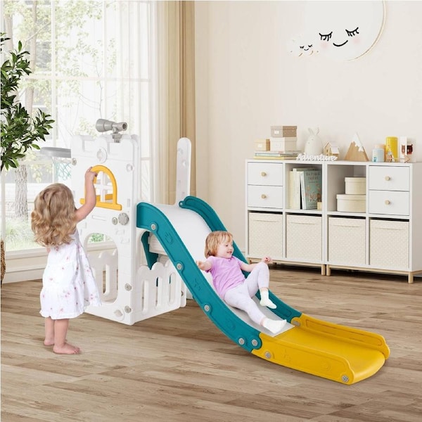 Babyjoy 6-in-1 L-shaped Kids Slide Baby Indoor Playset w/Basketball Hoop Toddler Activity Center toddler slide