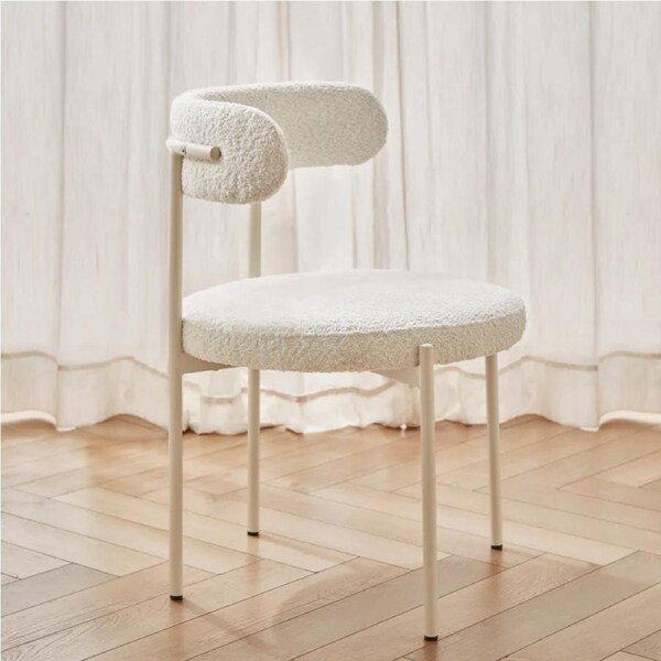White Boucle Arc Backrest Dining Chair/Steel Legs/All White Chair