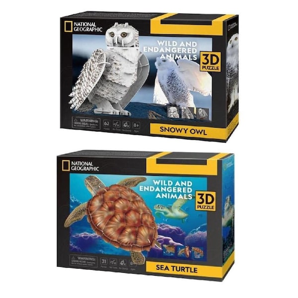 2pc National Geographic Snowy Owl and Sea Turtle 3D Puzzles Game Set 8y+