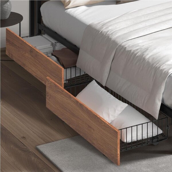 Oikiture 2x Bed Frame Storage Drawers with Wheels Metal Brown