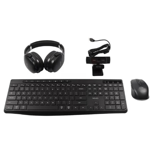 Nivo 4-in-1 Bundle: Wireless Keyboard, Mouse, Webcam & Headset – Black
