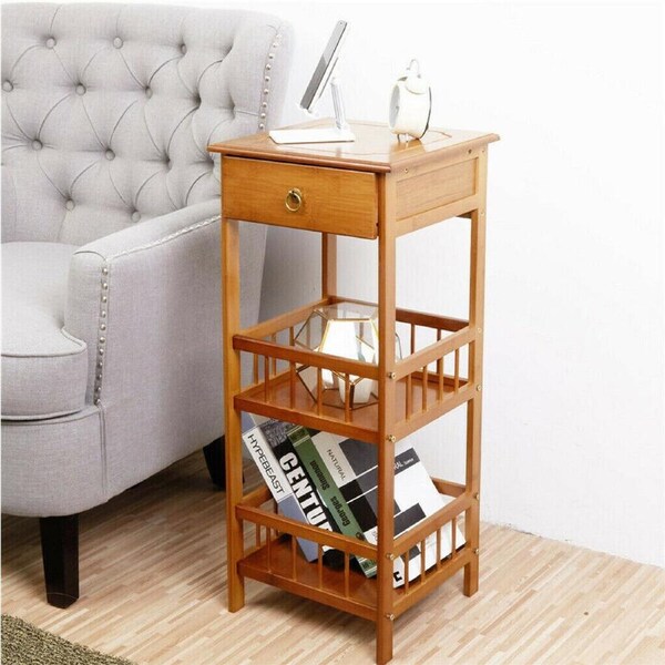 Bamboo Side Table, 3-Tier Bedside Couch Sofa Chairside End Table with Drawer Home,Bedroom Tall Narrow Nightstand