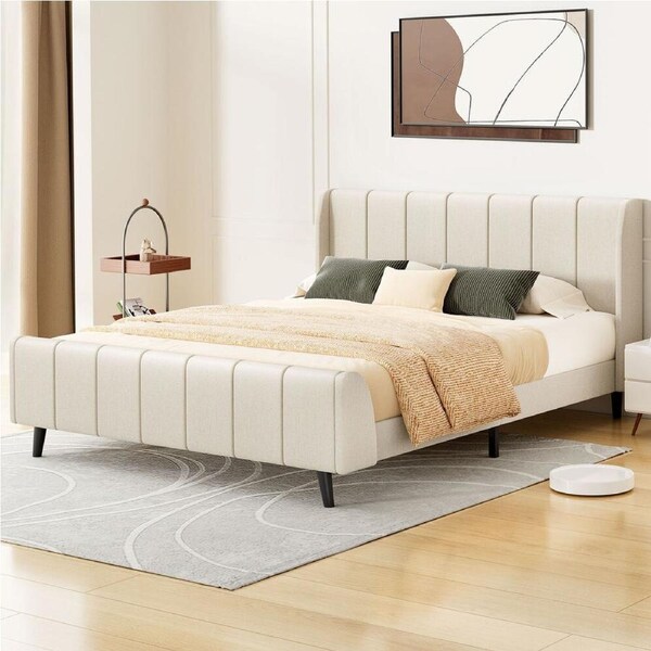 ALFORDSON Bed Frame King Size Tufted Headboard Base Beige Fabric HUNDOLF