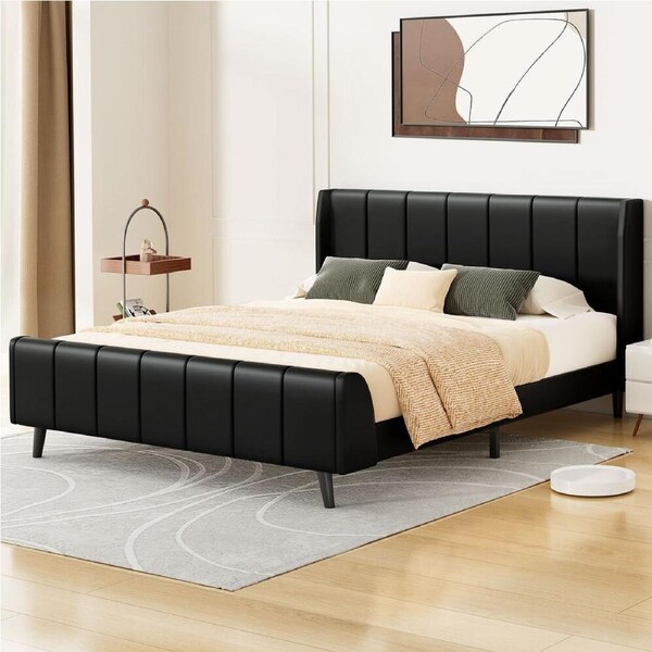 ALFORDSON Bed Frame King Size Tufted Headboard Base Black Leather HUNDOLF