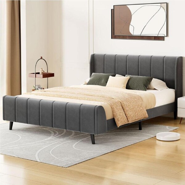 ALFORDSON Bed Frame King Size Tufted Headboard Base Grey Velvet HUNDOLF