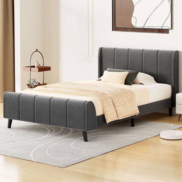 ALFORDSON Bed Frame Single Size Tufted Headboard Base Grey Velvet HUNDOLF